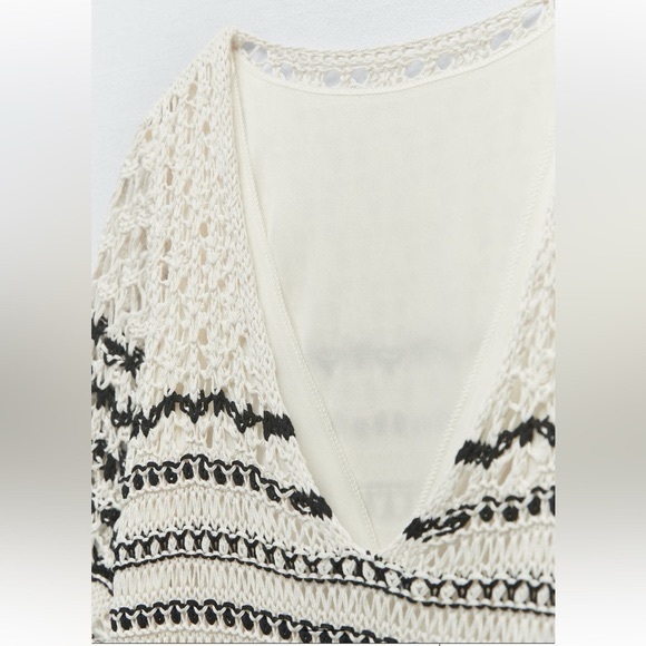 Zara Ivory Black Stripe Crochet Knit Short Sleeve Mini Dress Blogger Fav - Picture 9 of 9